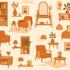 A seamless pattern of cozy mid-century modern furniture and home decor in a warm, monochromatic color palette.