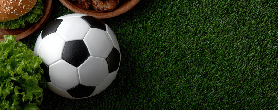 Soccer ball on green grass with burgers and lettuce, perfect for game night or sports themed gatherings