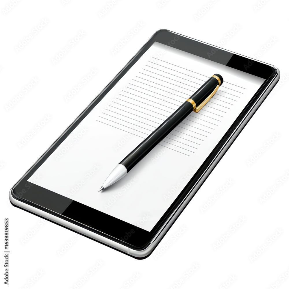 Poster elegant pen on a modern tablet with blank notepad for digital notes, isolated on transparent backgro