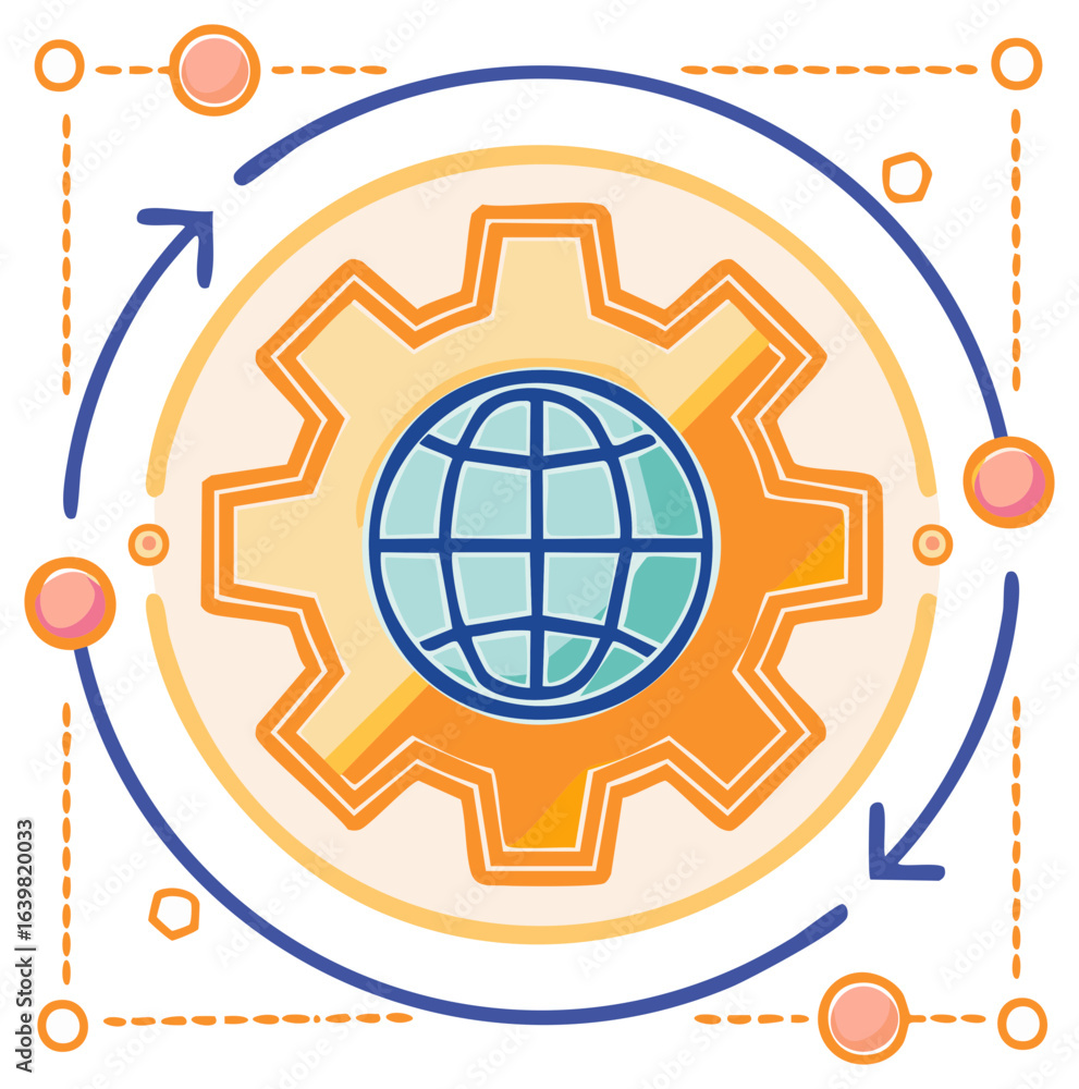 Poster global operations and technology concept with a globe inside a rotating gear wheel with arrows