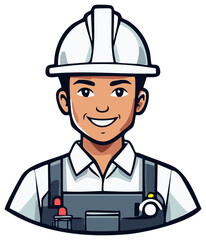 Smiling male construction worker wearing a hard hat and overalls with tools