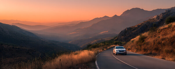Skoda rental car in spain mountain landscape road at sunset