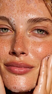 close-up of a freckled woman applying skincare serum to her face with a dropper. Warm light highlights her natural beauty and healthy skin.
