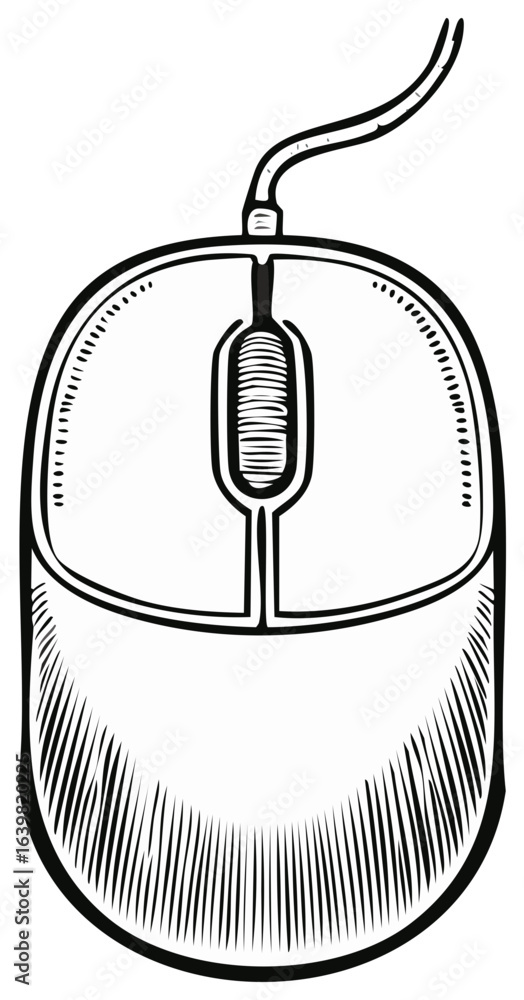 Poster retro computer mouse with cord, line art drawing, digital input device