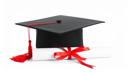 Graduation cap and diploma scroll tied with red ribbon on white surface realistic minimal education success concept