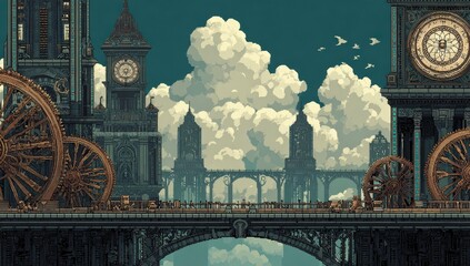 Pixelated steampunk cityscape.  A detailed pixel art scene of a bridge spanning a valley with towering clock towers, intricate gears, and ornately designed structures.  