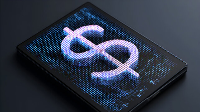 A digital tablet displaying a glowing dollar sign on a dark background with blue light effects