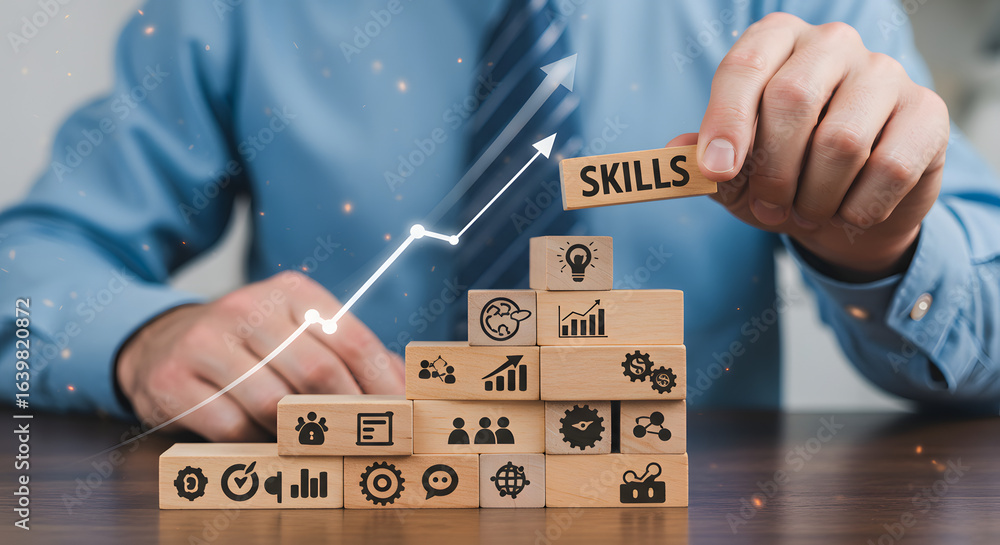 Poster person stacking wooden blocks with skills icons and adding a block labeled skills on top of the stac