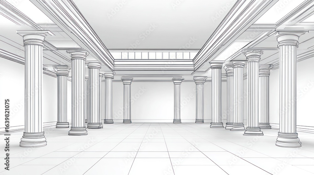 Poster architectural sketch of a grand hall with columns and detailed linework showcasing perspective and