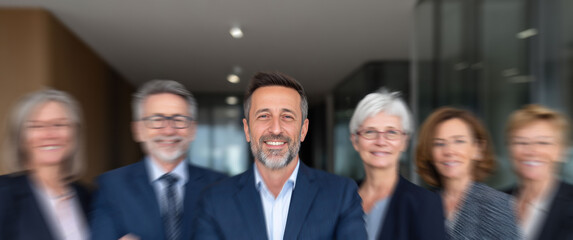 Fototapeta premium Business people from various backgrounds come together, showing unity and success in workplace, with smiles in supportive team building moment.