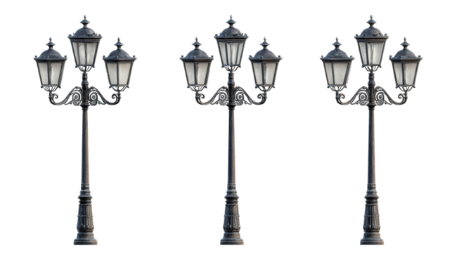 Three ornate lampposts with multiple heads, standing in a row, isolated on a white background.