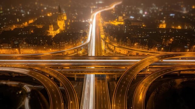 Dynamic city highway interchange at night, a seamless looping motion background video for media
