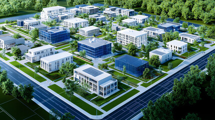 Modern urban development featuring eco friendly buildings and green spaces, showcasing innovative architecture and sustainable design