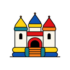Colorful inflatable castle, outlined in bold lines, features three towers with conical roofs in yellow, ors