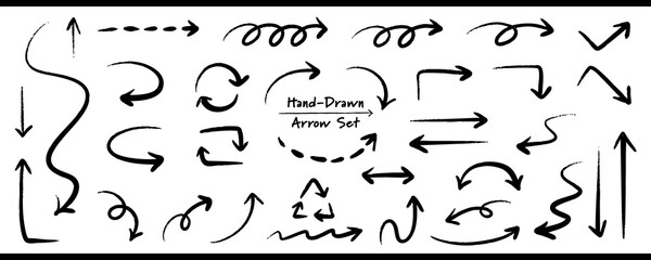 ベクターのペンの手書きの矢印セット 白黒