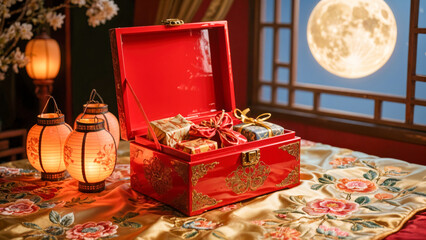 Red lacquered gift box with wrapped presents, decorative lanterns, and embroidered silk cloth under full moon for Mid-Autumn Festival