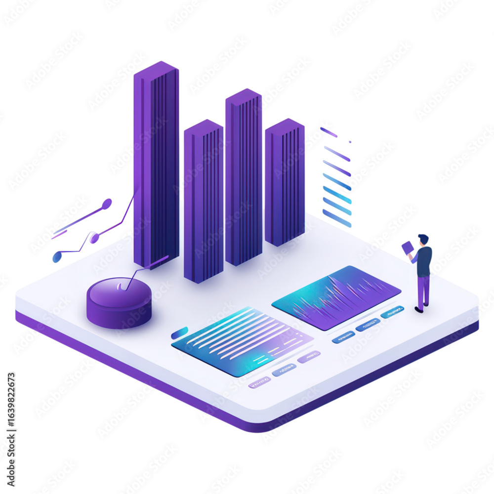 Poster colorful infographics with data visualization elements and analysis, isolated on transparent backgro