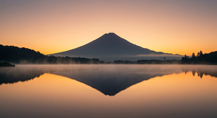Tranquil Lake Reflecting Volcanic Mountain at Daybreak