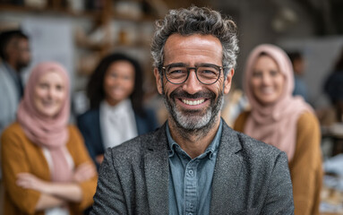 Business people from various backgrounds come together, showing unity and success in workplace, with smiles in supportive team building moment.