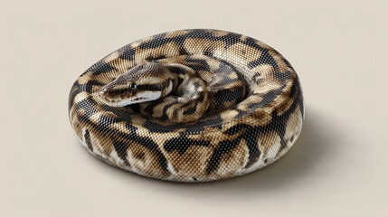 Fototapeta premium detailed close up of coiled ball python displaying its intricate brown and black patterned scales against plain background