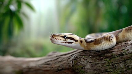Close up profile view of  patterned snake resting on  textured tree branch with  blurred green forest background