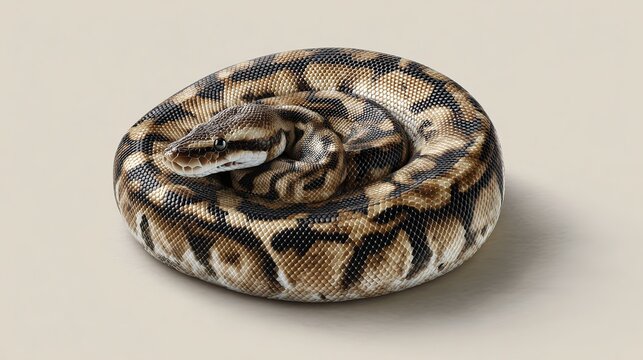 detailed close up of  coiled ball python displaying its intricate brown and black patterned scales against  plain background