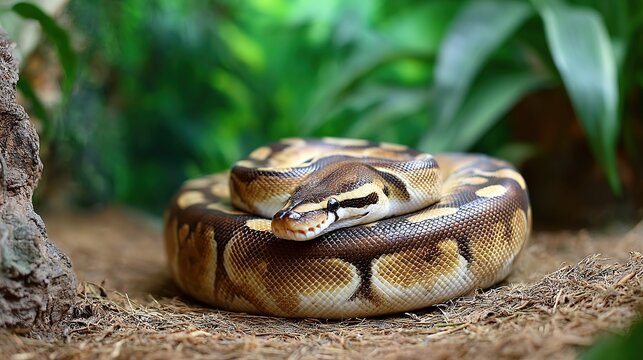 coiled ball python snake with distinctive brown and yellow patterned scales rests on dry leaves and soil amidst lush green foliage