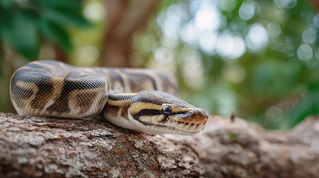 Close up profile of  python coiled on  tree branch with soft green foliage in  background