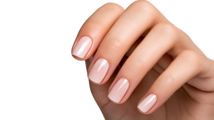 Close-up of a woman's hand with perfectly manicured nails and a subtle pink polish