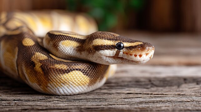 Close up view of  coiled ball python snake with detailed scales and  visible eye resting on weathered wooden planks