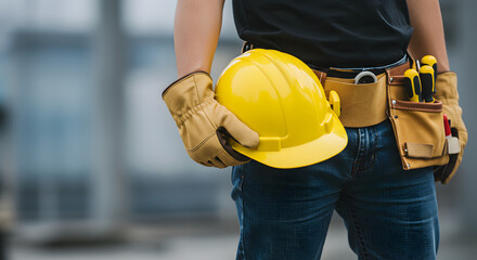 Construction worker holding a yellow hard hat with tool belt and gloves in an outdoor work setting