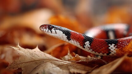 Obraz premium Close up of red black and white patterned snake's head and body coiled on dried autumn leaves