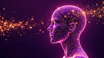 Futuristic digital portrait of humanoid figure with glowing circuits and sparkles, representing technology and innovation