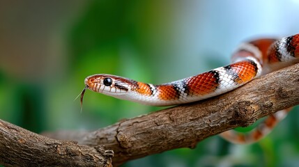 Obraz premium vibrant patterned snake with its forked tongue extended perched on weathered tree branch against soft green blurred background