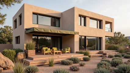 Fototapeta premium Modern house exterior with large windows, green accents, and desert landscape. design features spacious patio with seating, surrounded by natural