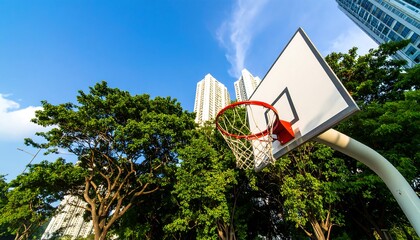 Basketball hoop amidst lush green trees and high-rise buildings.