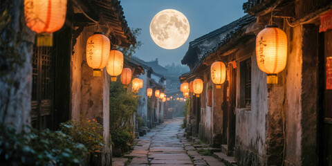 Old village stone pathway lined with glowing paper lanterns under a large full moon during Mid-Autumn Festival night