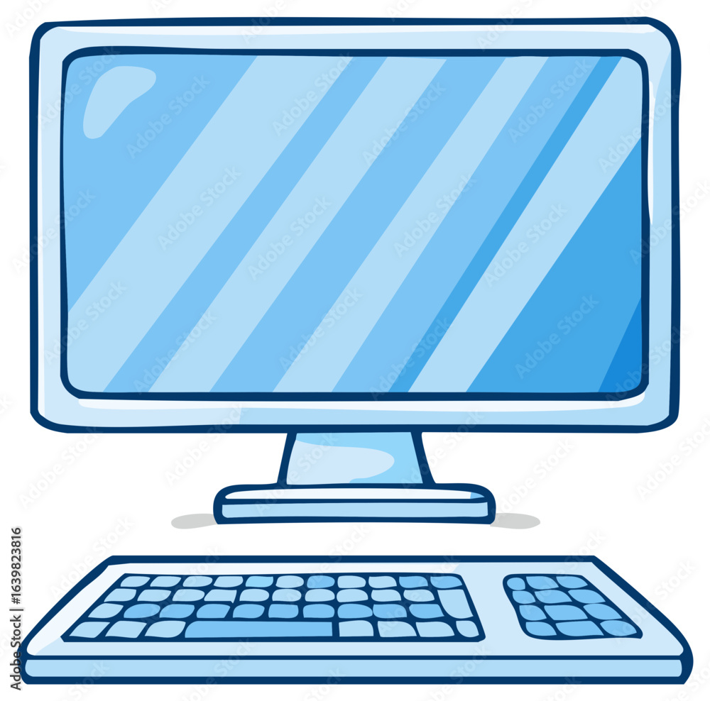 Aufkleber simple blue cartoon desktop computer monitor and keyboard setup vector illustration