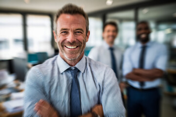 Standing at forefront in a modern office, confident professionals, led by young businesswoman, represent authority, charisma, and clarity of effective leadership.