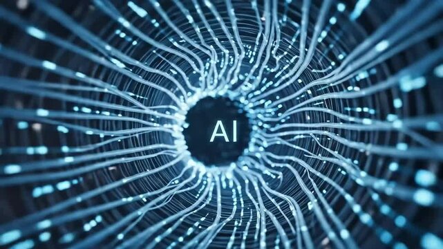 Abstract digital network lines with glowing data points funnel into a central AI concept, illustrating technological advancement.