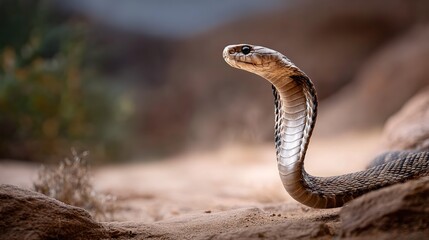 Fototapeta premium cobra with its head raised and hood flared resting on sandy ground amidst dry vegetation