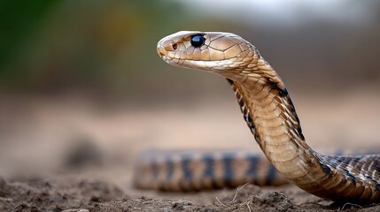 Fototapeta premium Close up profile view of detailed cobra snake head with dark eyes and scales body visible in background