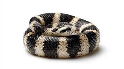 Fototapeta premium coiled black and white banded king snake with intricate scale detail on clean white background
