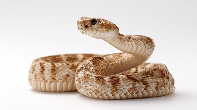 light brown diamondback rattlesnake coils on  white background its head raised and looking to  side