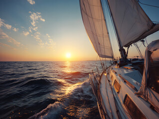 Sailboat cruising into the sunset over the ocean for an adventurous sailing trip and summer vacation