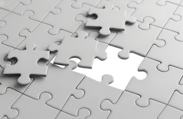 Close up of a partially completed grey jigsaw puzzle with missing piece