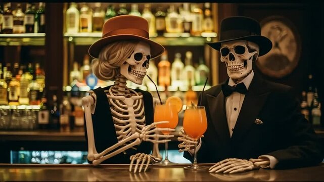An amusing pair of skeletons in formal wear share festive orange cocktails at a classic bar setting.