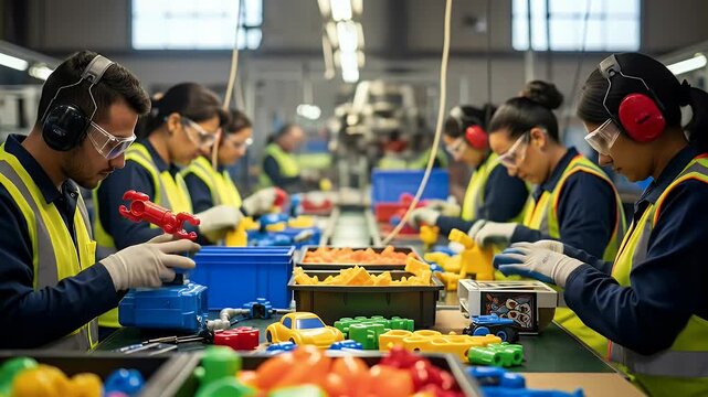 Manufacturing Workers Inspecting Assembling Plastic Toys in Factory Production Line