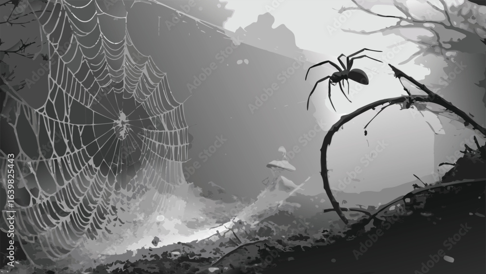 Poster black and white spider web background featuring intricate lines and patterns..eps