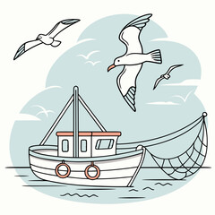 Seagulls gracefully hovering above a fishing boat at sea, capturing a serene maritime moment.